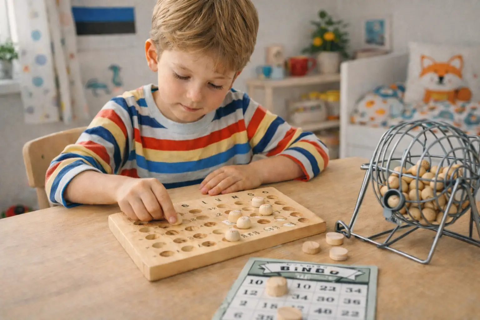 5-aastane laps mängib iseseisvalt puidust bingo-mängu väikesel laual, harjutades keskendumist ja tähelepanu koduses keskkonnas