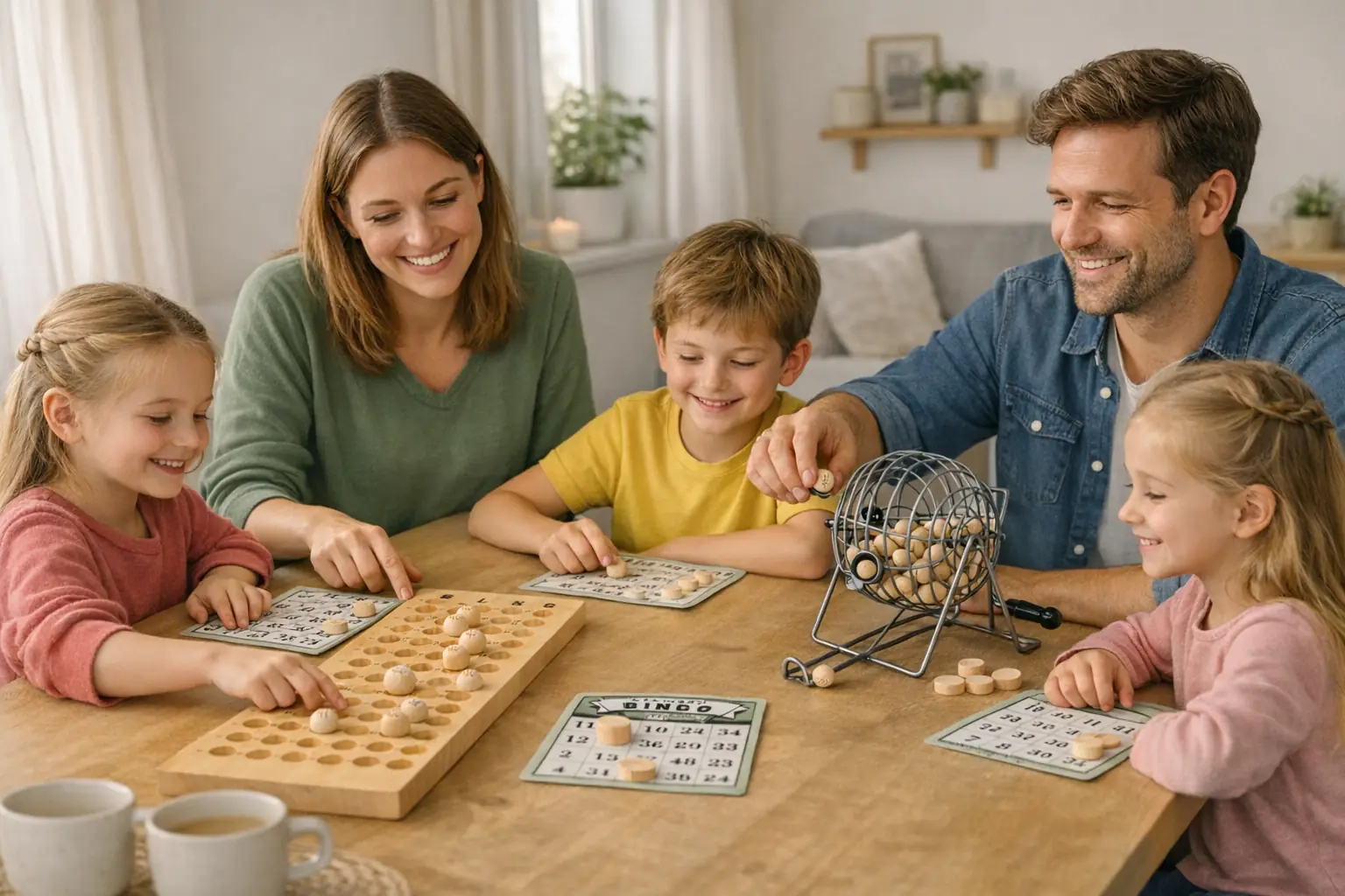 Eesti pere mängib koos puidust bingo-mängu söögilaua ääres valgusküllases skandinaavia stiilis kodus