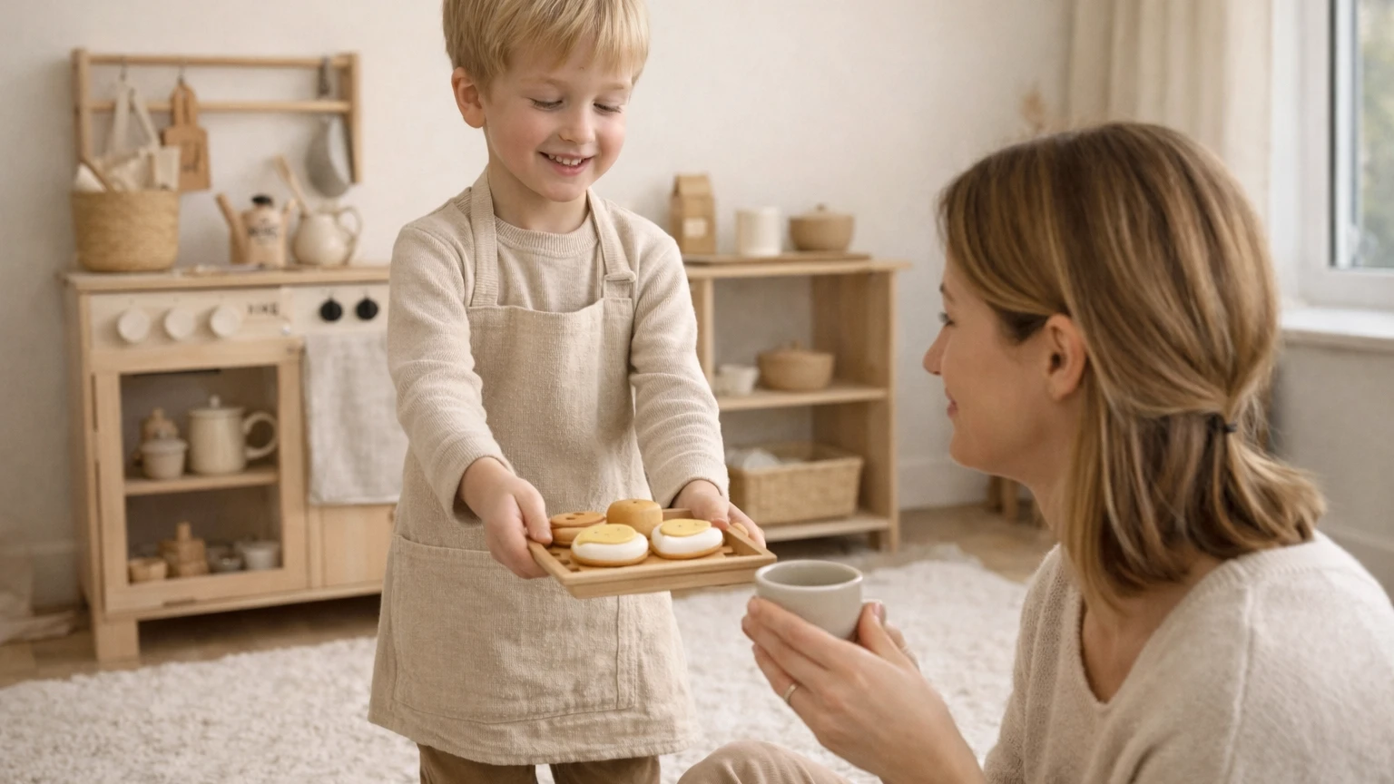 Rollimäng lapsega kodus kasutades puidust mänguasju